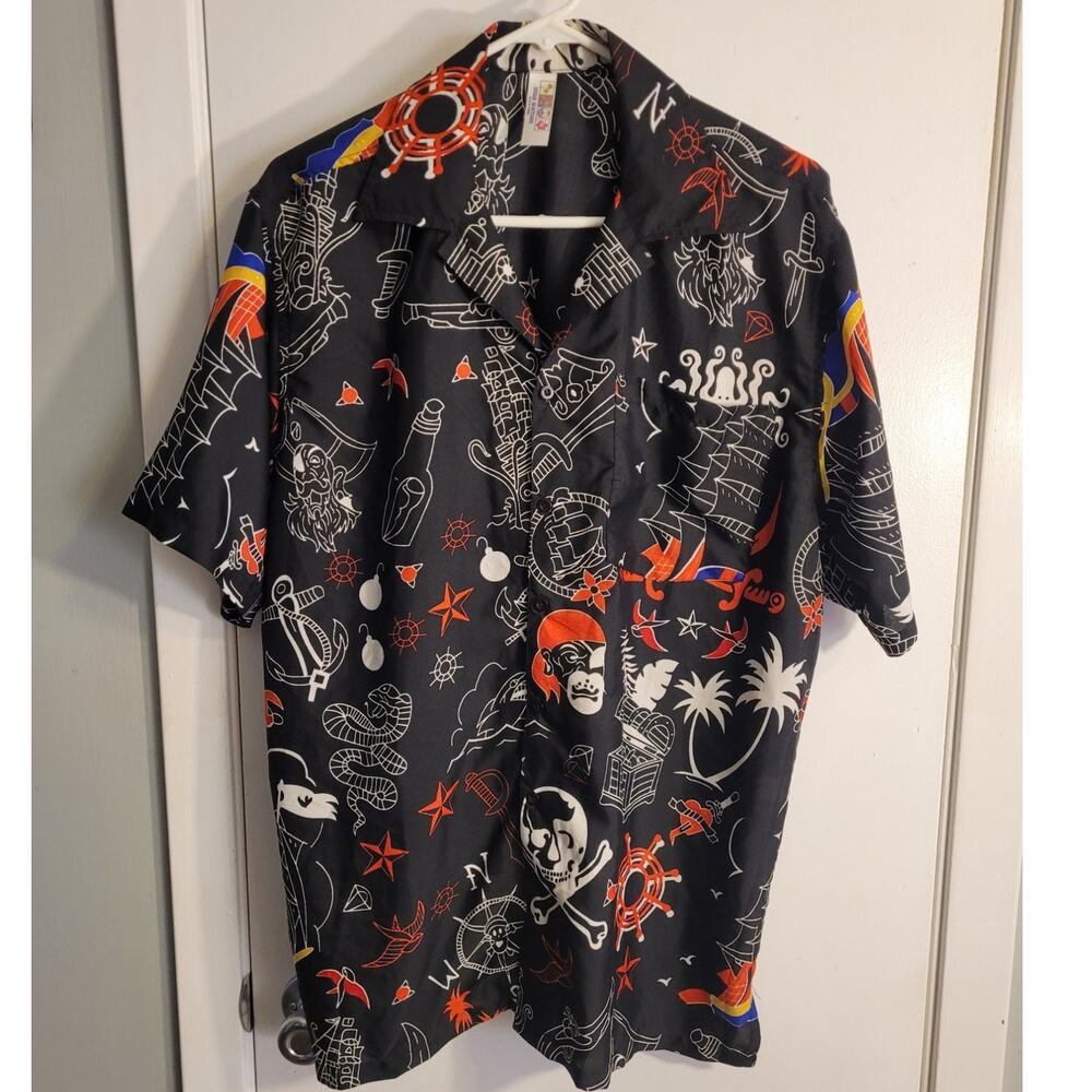 INDIA BOUTIQUE Pirate Print Hawaiian Shirt M Black Novelty Cruise Dadcore Retro